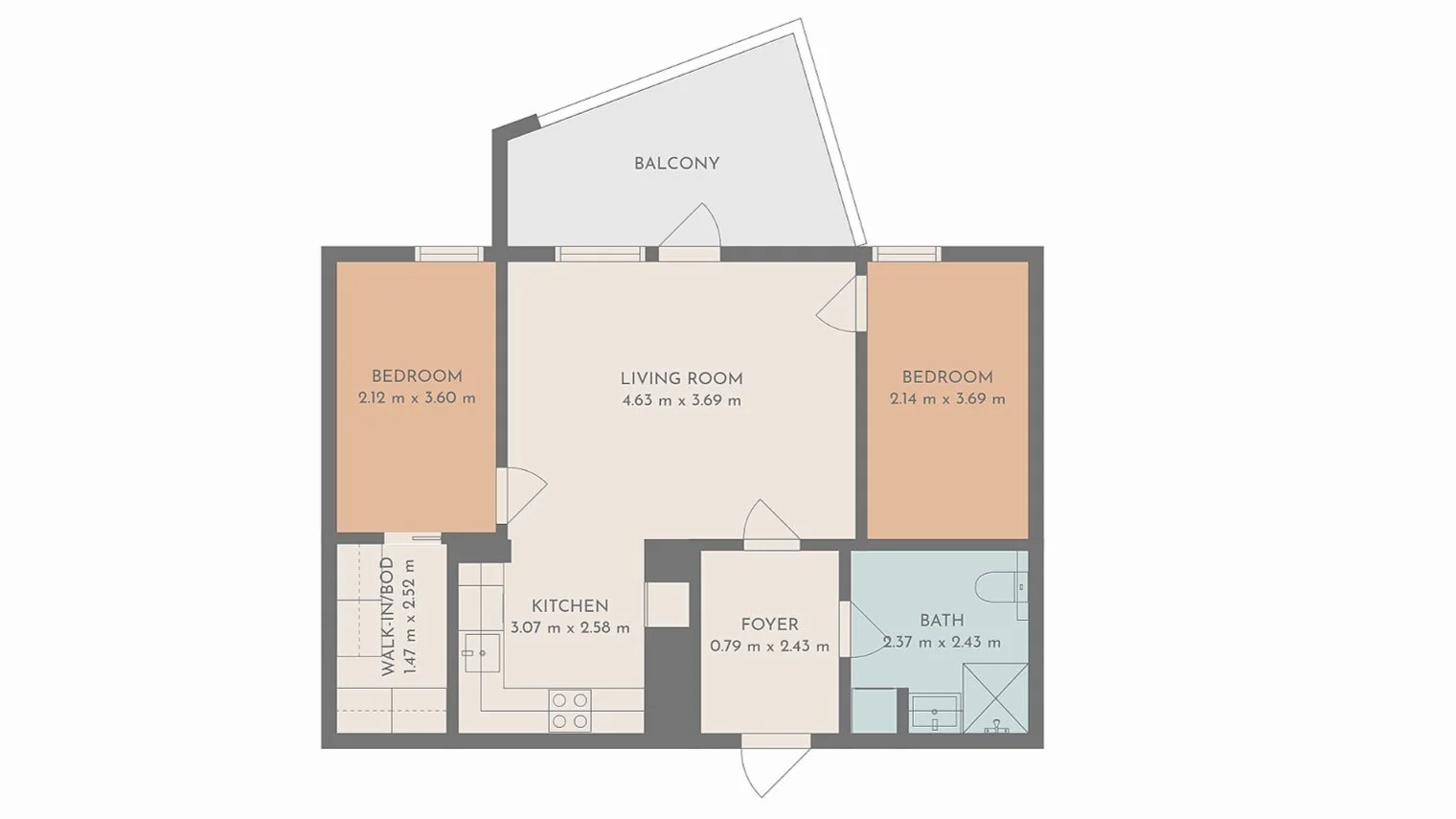 Plattegrond van een appartement met 2 slaapkamers, woonkamer, keuken, badkamer, balkon, foyer en een walk-in closet.