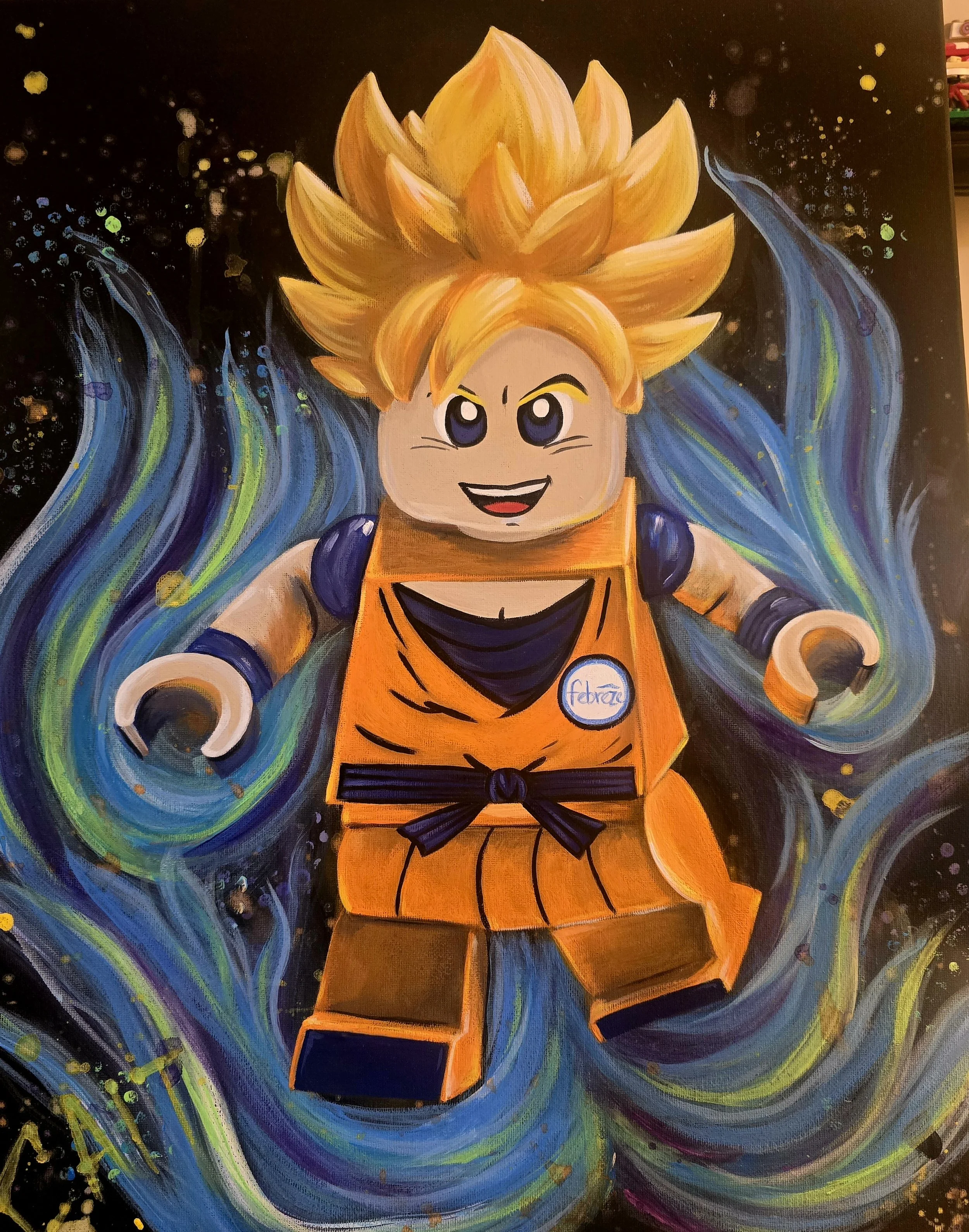 A colorful painting of a Lego-style character with spiky yellow hair, wearing an orange gi and black belt, with a glowing aura and swirling colorful background.