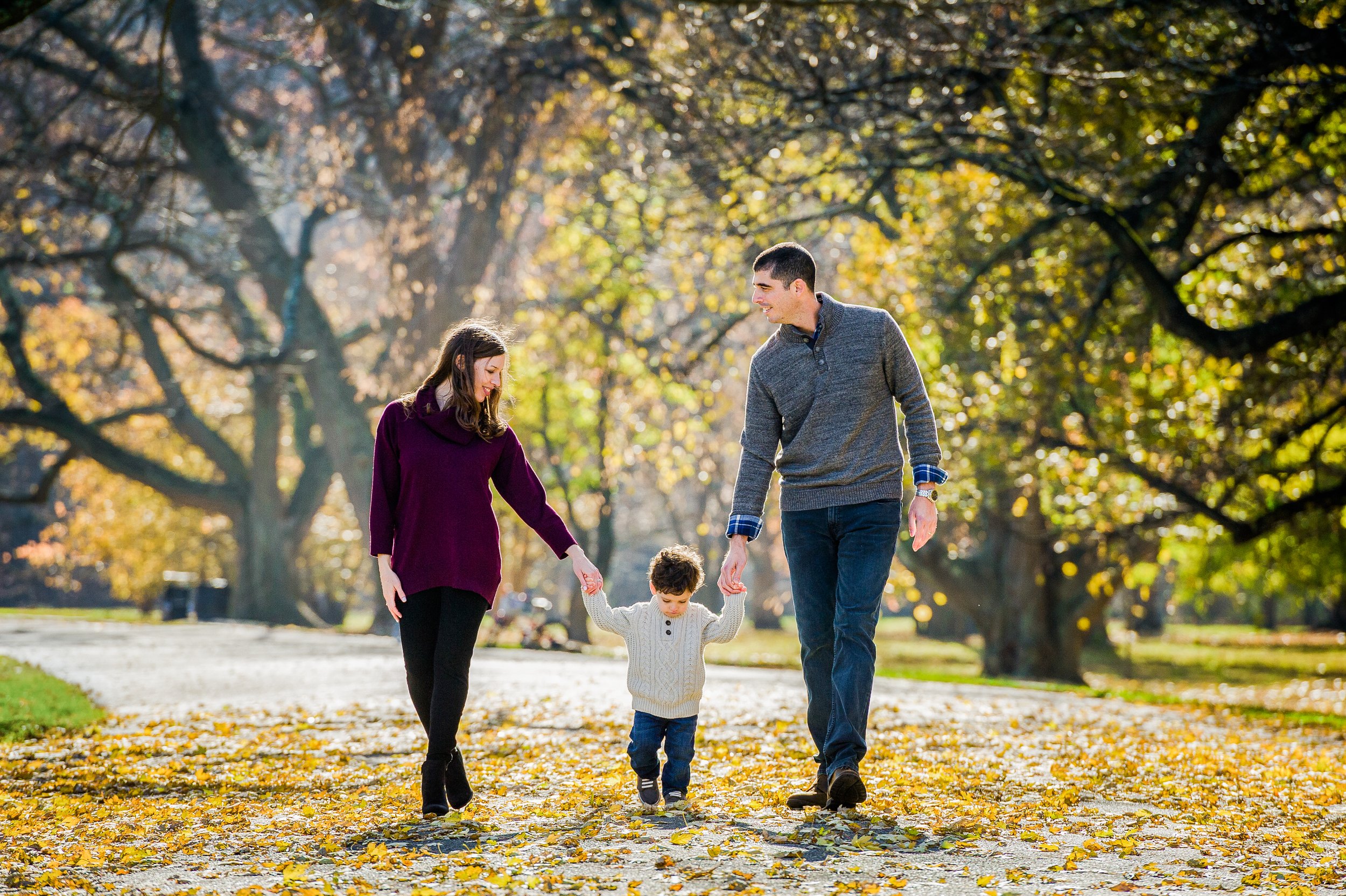 Family walking through Boston Arboretum in autumn, holding hands, surrounded by trees with yellow leaves.