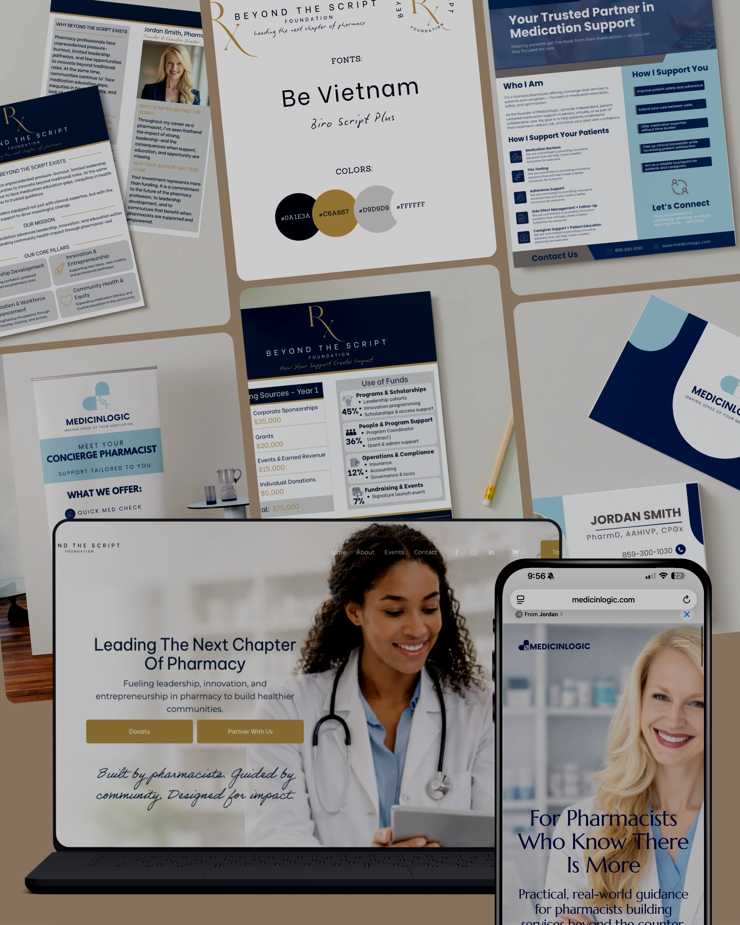 A display of various pharmacy and healthcare informational materials, including pamphlets, posters, and a website on a laptop and smartphone, related to pharmacy support, fundraising, and medication support.