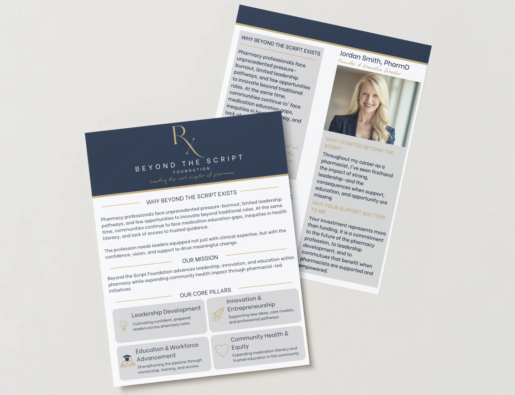 Two informational pamphlets from Beyond The Script Foundation. One features a woman with blonde hair in a blue blazer, and the other has the foundation's logo and mission statements.