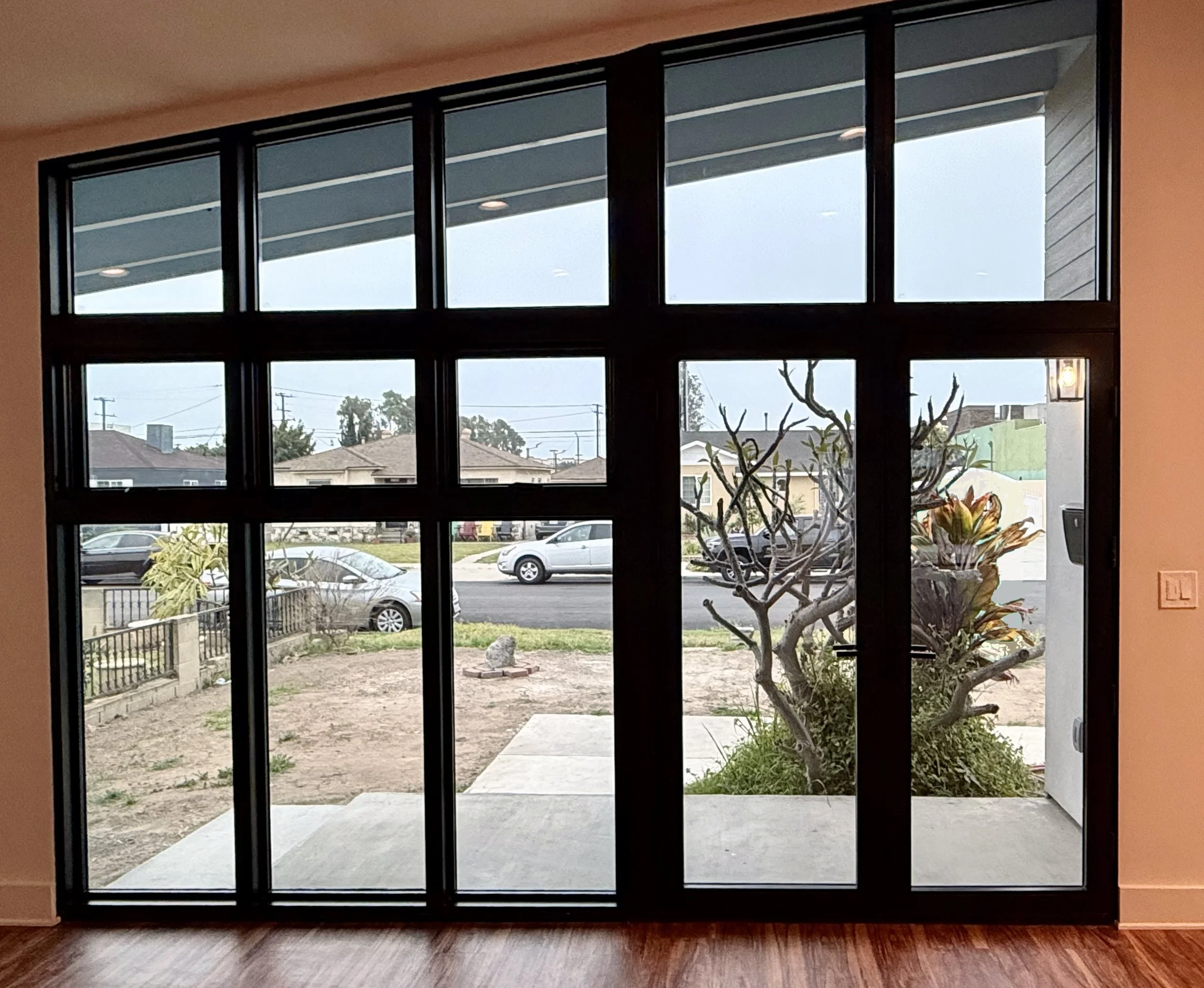 View through a large black-framed glass sliding door leading to an outdoor yard with a tree and plants, parked cars on the street, and houses in the background.