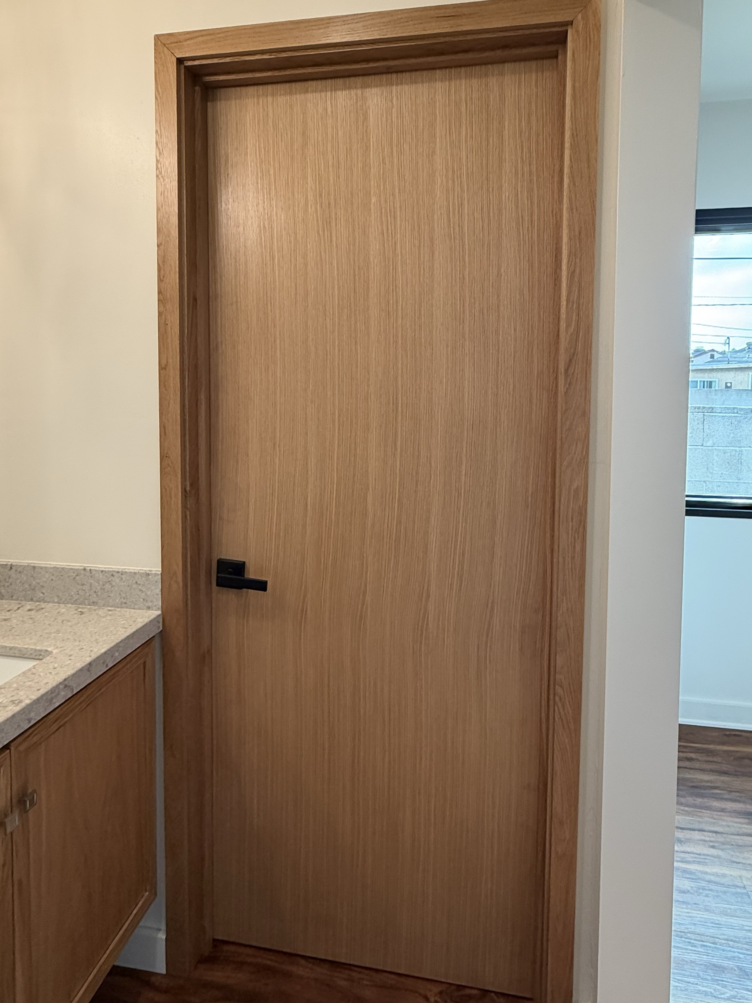 A closed wooden door with black handle, located next to a kitchen counter and a window with a view of neighboring buildings.