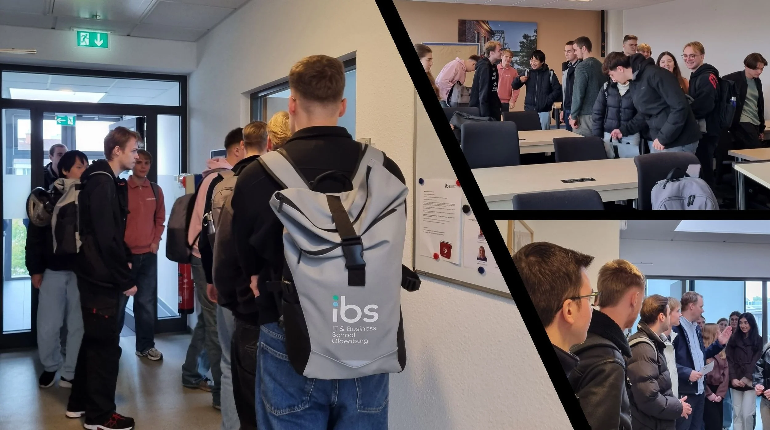 Fotocollage aus drei Szenen im Gebäude der IBS Oldenburg: Eine Person mit IBS-Rucksack im Flur sowie Gruppen bei Gesprächen im Seminarraum.