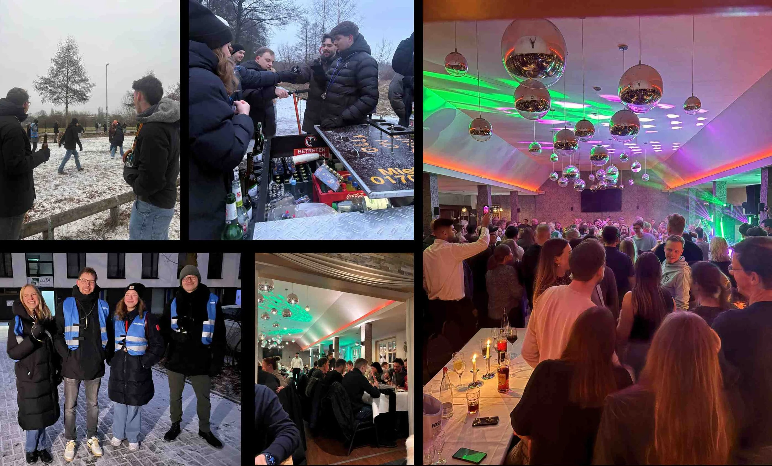 Collage zu Freizeitaktivitäten: Studierende beim Kohlgang im Freien und bei einer Abendveranstaltung in einer festlich beleuchteten Location mit Tanzfläche.