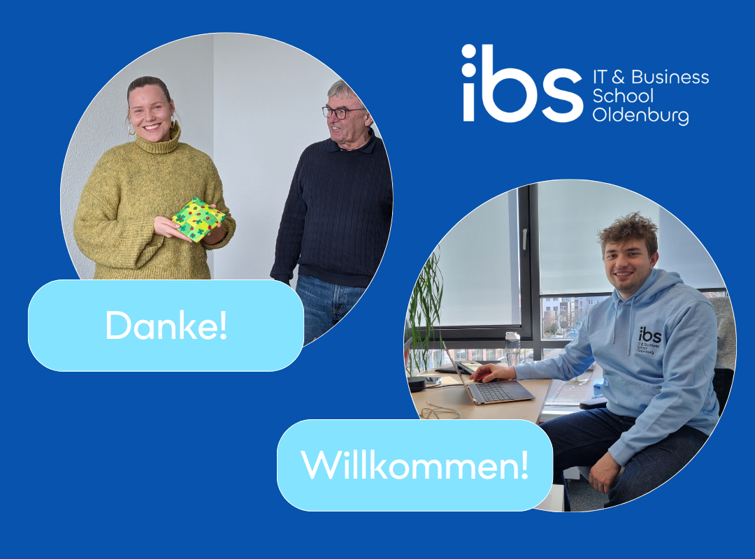 Links im Bild, bekommt eine lächelnde Frau (Anne) ein Geschenk von einem älteren Herrn (Jürgen Sauer) übergeben. Rechts sitzt ein junger Mann (Leon) im hellblauen IBS-Hoodie am Laptop, drüber der Schriftzug "willkommen".