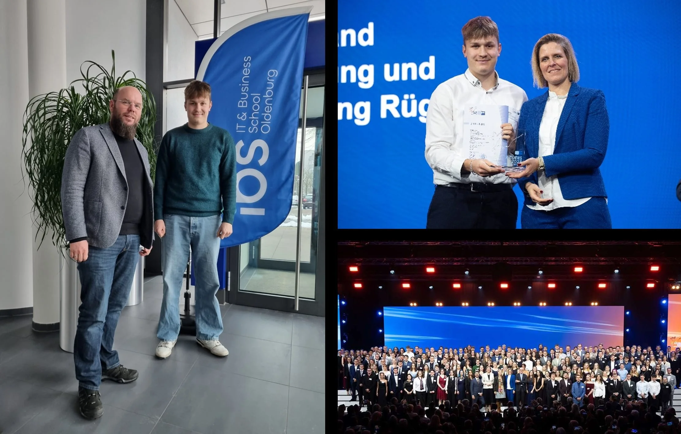 Collage zur IHK-Ehrung: Ein Student der IBS IT & Business School Oldenburg bei der Preisverleihung für herausragende Leistungen, inklusive Gruppenbild aller Absolventen auf einer Bühne.