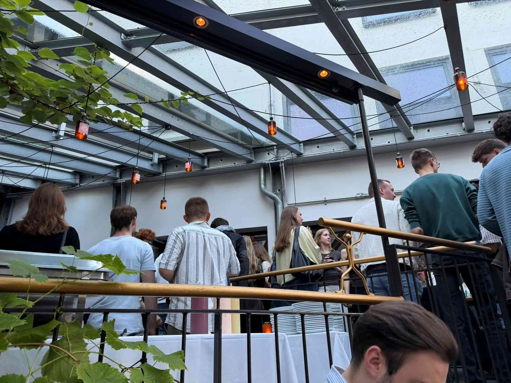 Gäste unterhalten sich im überdachten Innenhof der IBS Oldenburg unter Lichterketten während des Sommerfests.