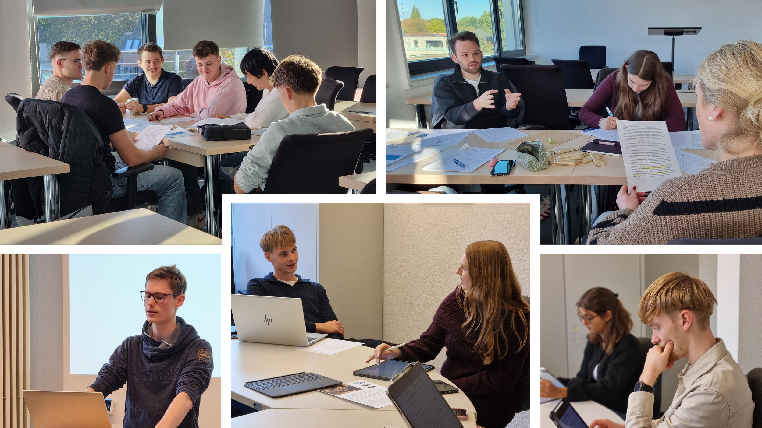 Fotocollage aus verschiedenen Workshops und Besprechungen der IBS Oldenburg mit Gruppen bei der Teamarbeit und Vorträgen in Seminarräumen.