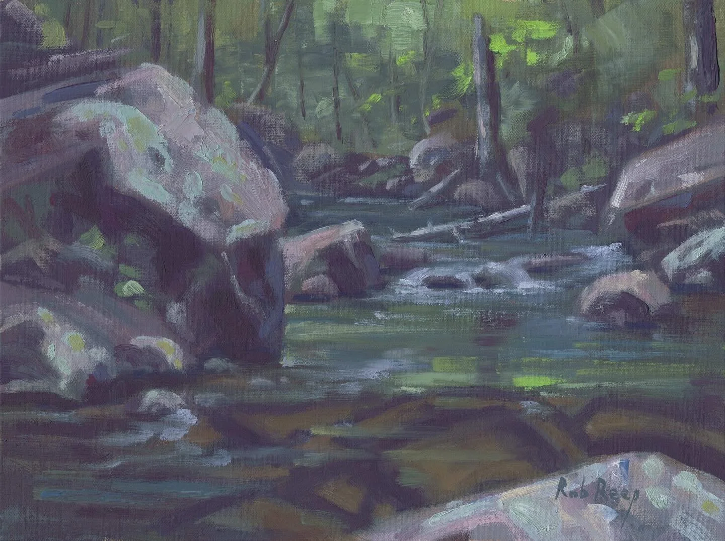 I’ve been working on several studies of Cedar Creek at Petit Jean Mountain, inspired by photos I took last summer. This 9x12 piece tries to capture how lush and humid it can be there, so I really pushed the greens and blues. The creek basin has