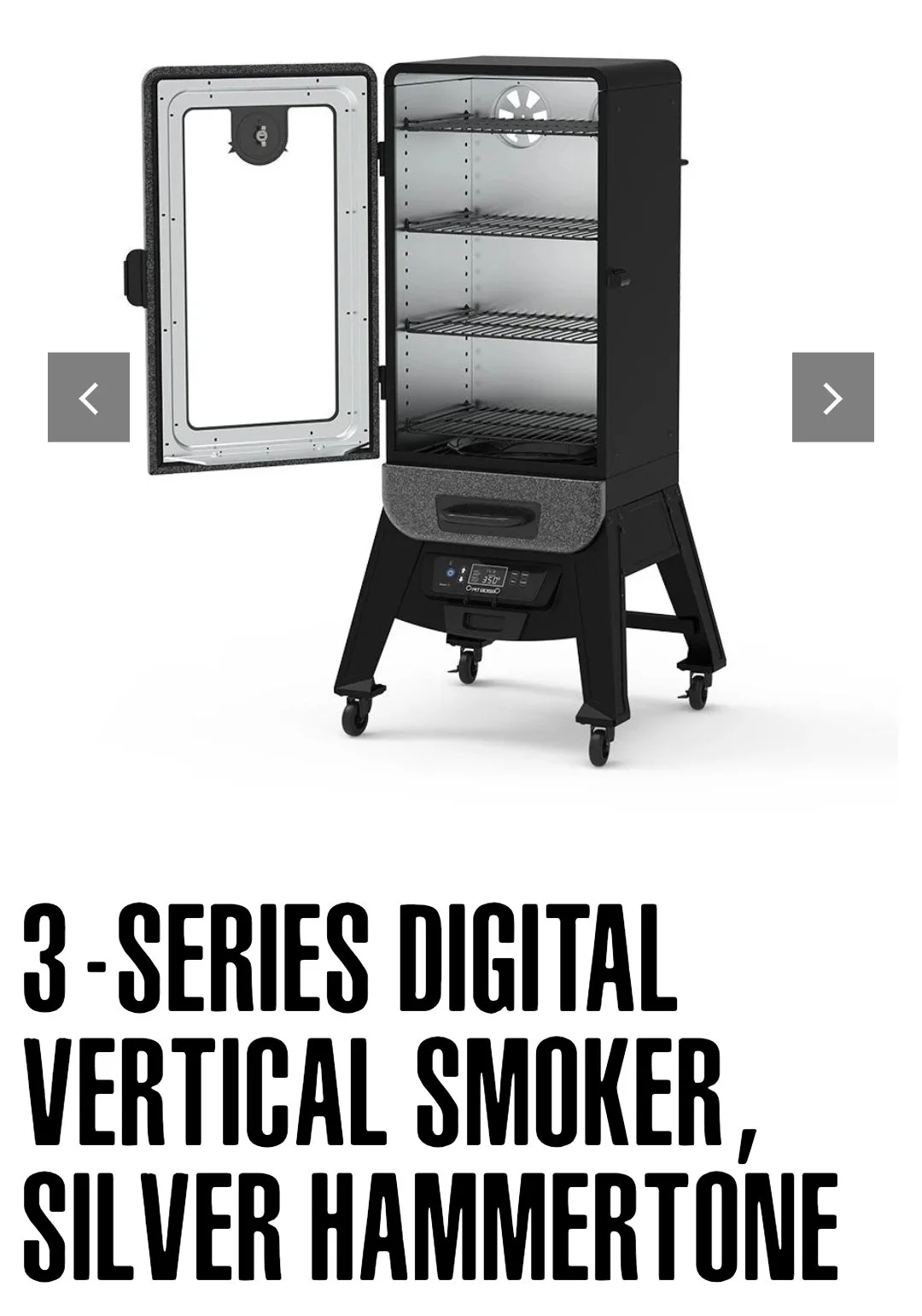A digital vertical smoker with a black exterior, open door revealing metal racks inside, digital control panel at the bottom, and four wheels for mobility.