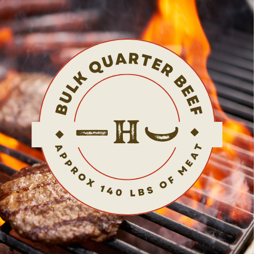 A circular label indicating 'Bulk Quarter Beef' weighing approximately 140 pounds of meat, placed on a grill with flames and cooking meat.