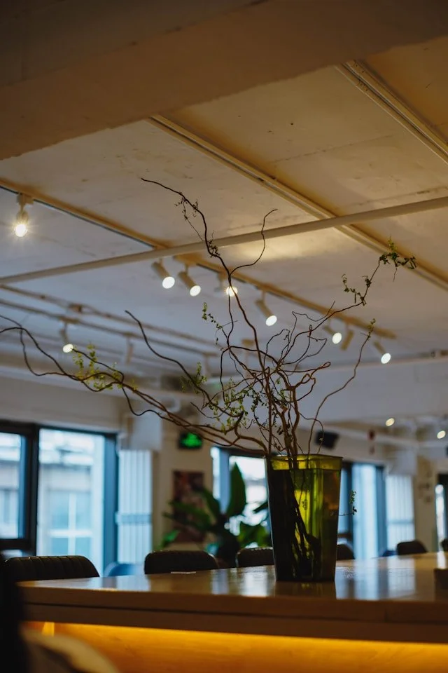 A plant with thin, winding branches and small green leaves in a green glass vase on a wooden table inside a room with large windows and ceiling lights.