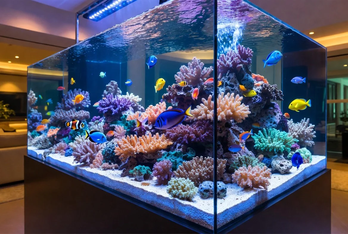 A vibrant saltwater aquarium with colorful coral and marine fish in a modern indoor setting.