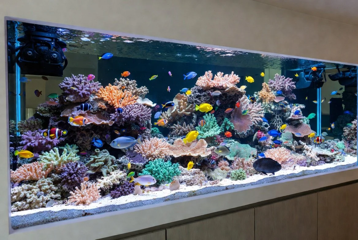 A large reef aquarium filled with corals and marine fish