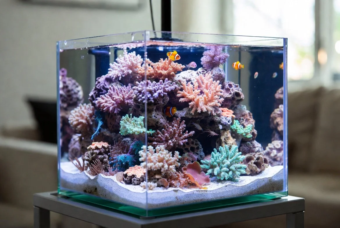 Small saltwater aquarium with colorful coral and fish on a black stand in a living room.