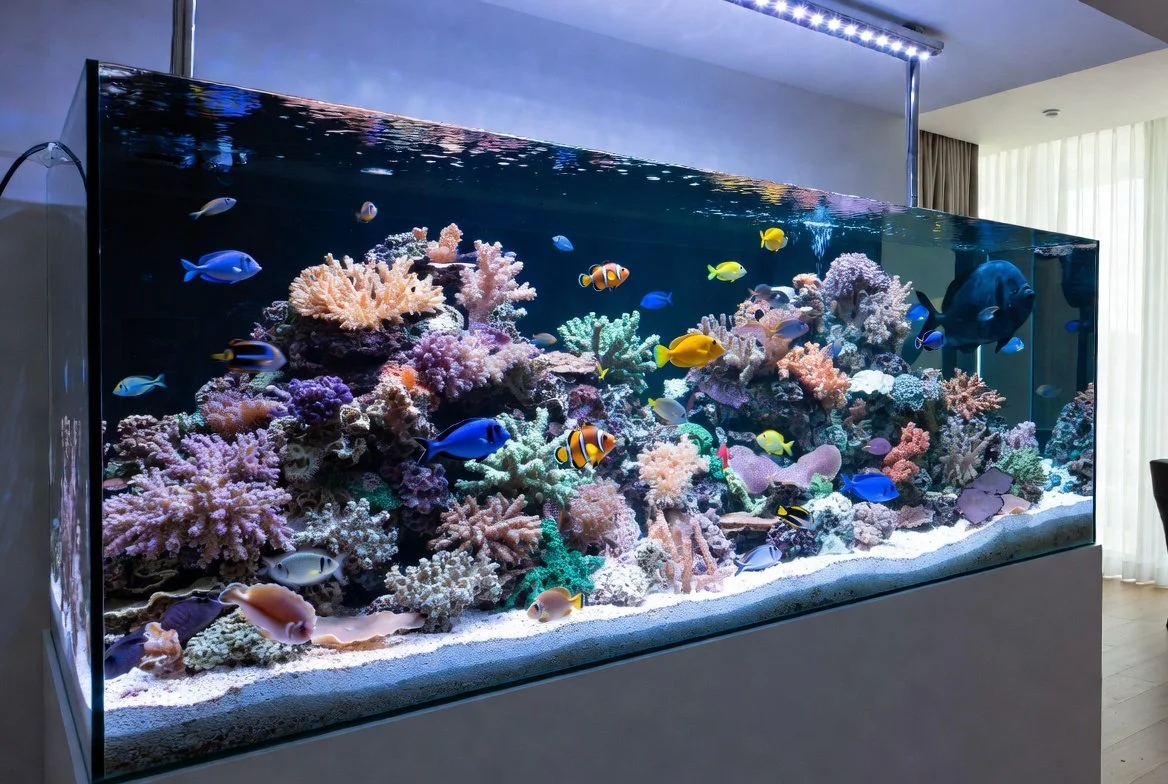 A large saltwater aquarium filled with colorful coral and a variety of marine fish indoors, with a window and curtains in the background.