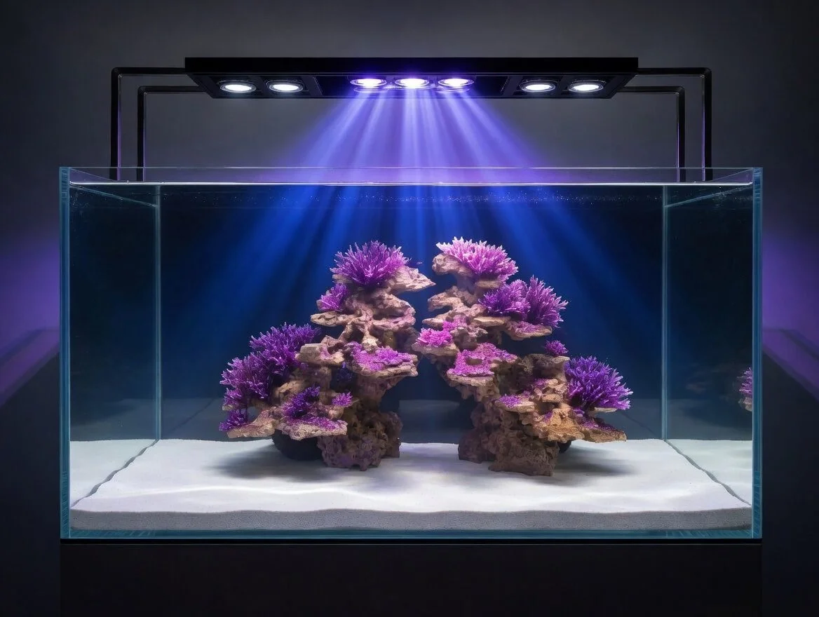 An aquarium with purple coral under a reef blue LED light.