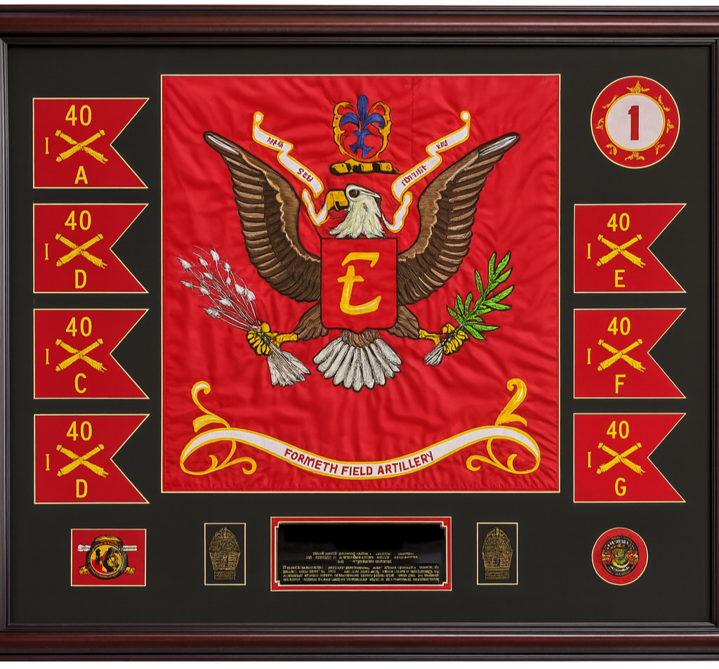 1-40 FA BN Colors fitted into a frame with all subordinate unit mini guidons.  Personalized for an amazing gift for a senior leader.