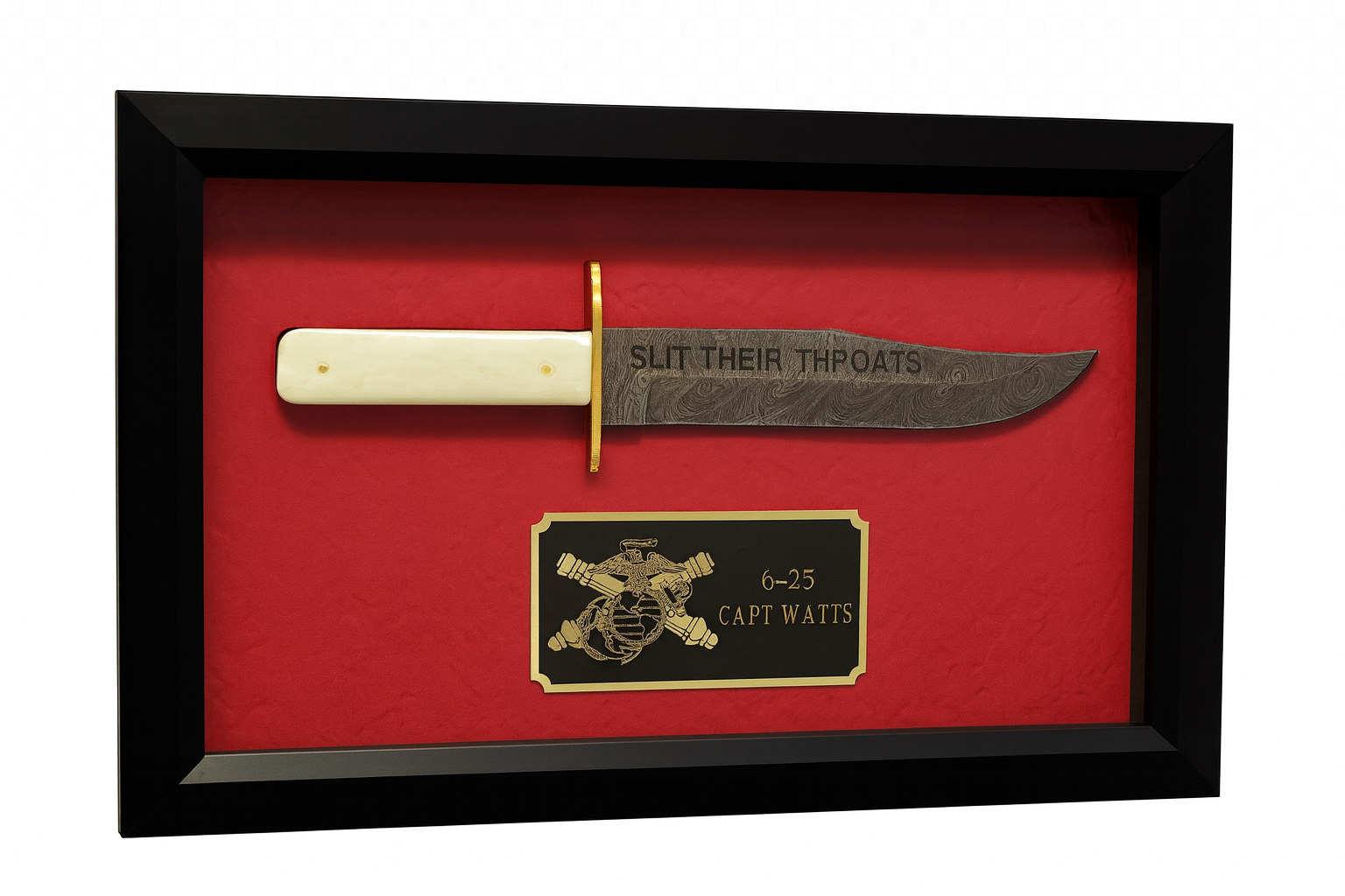 Custom built shadowbox with laser engraved knife and Custom Engraved Plate.  Built to fit.