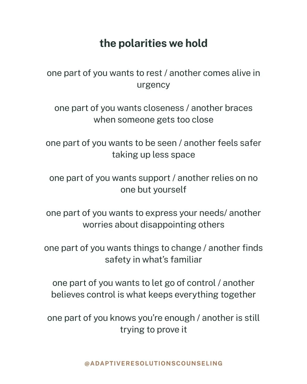 Sometimes we feel pulled in completely different directions. One part of us wants to slow down while another feels pulled to keep going. One part longs for closeness while another wants to pull away. It can leave us feeling confused, conflicted, or l