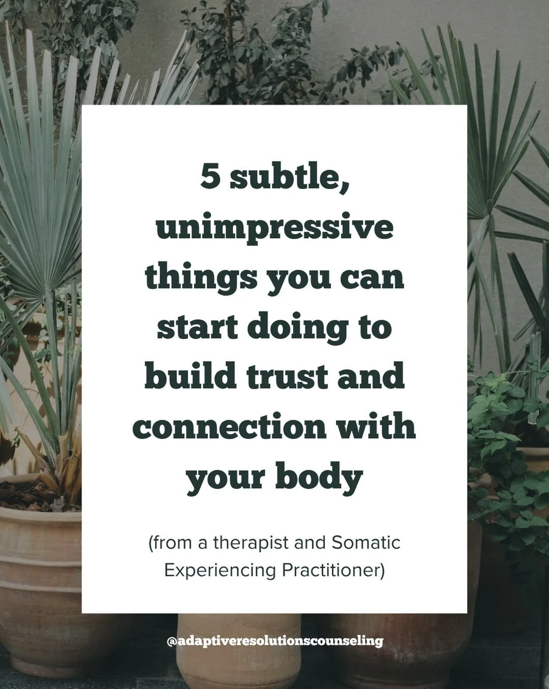 Building trust with your body doesn&rsquo;t have to start with a big practice.

Sometimes it looks like noticing you&rsquo;re thirsty and getting water, shifting when you&rsquo;re uncomfortable, resting before you&rsquo;re completely depleted, or sim