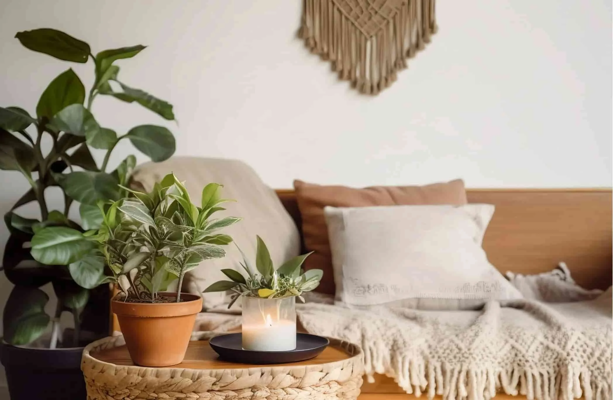 A couch with plants and pillows in a therapy office in Brea, CA.