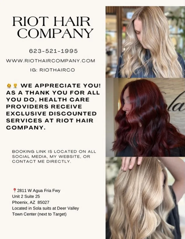 To all the incredible health care heroes &mdash; we see you and we appreciate you!💙

As a small thank you for everything you do, Riot Hair Company is offering exclusive discounted services for all health care providers. 🩺✂️

Book your appointment t