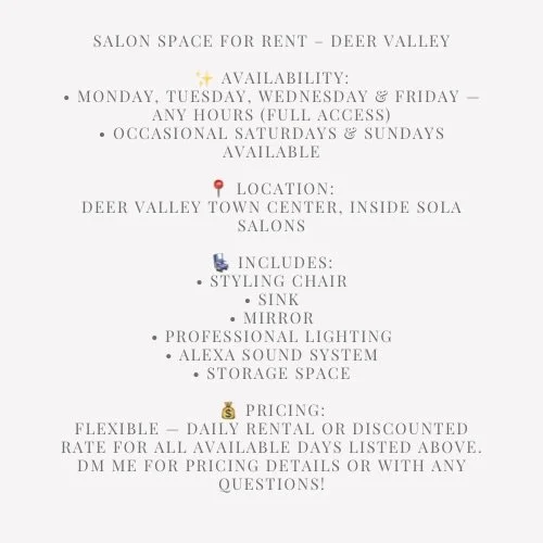 ⚡️Salon Space for Rent⚡️

I have a salon space that is open for rent. All information listed above. Please message me for inquiries or any questions!🖤