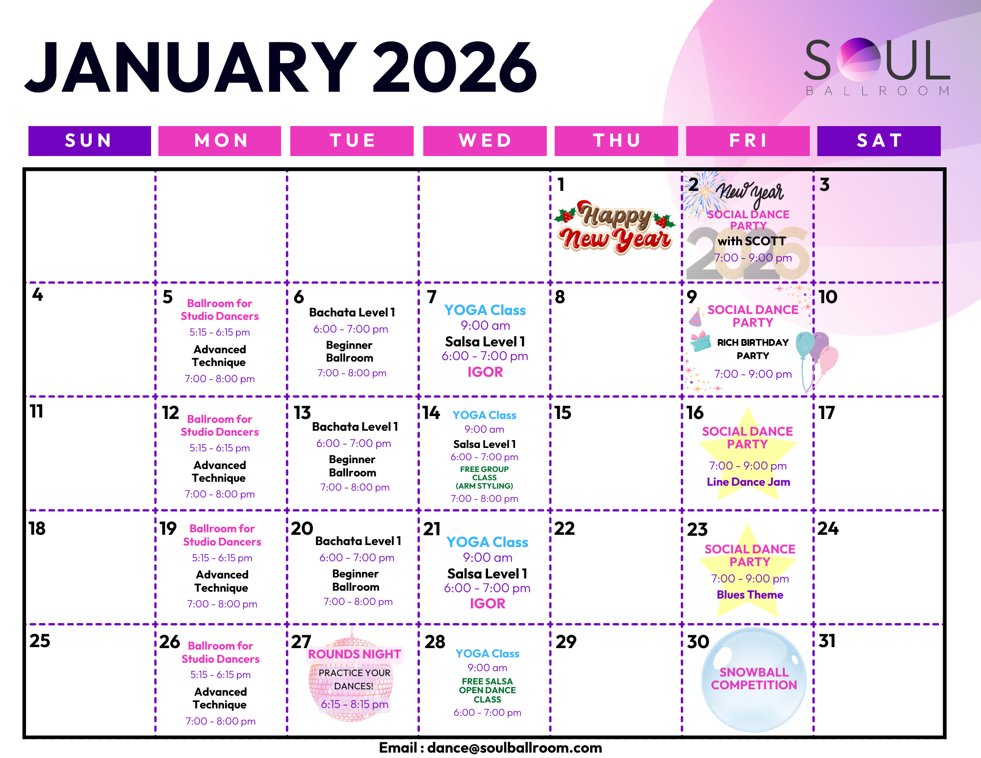 January 2026 dance studio calendar with scheduled classes and events, including social dance parties, yoga classes, bachata level 1, ballroom for studio dancers, advanced technique, round night, snowball competition, and special birthday events, at Soul Ballroom.