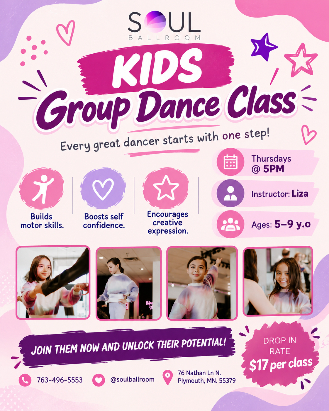 Promotional flyer for SOUL Ballroom Kids Group Dance Class. The flyer features images of young children dancing, with details about the class including its schedule, instructor, age range, and cost. It emphasizes building motor skills, boosting confidence, and encouraging creative expression.