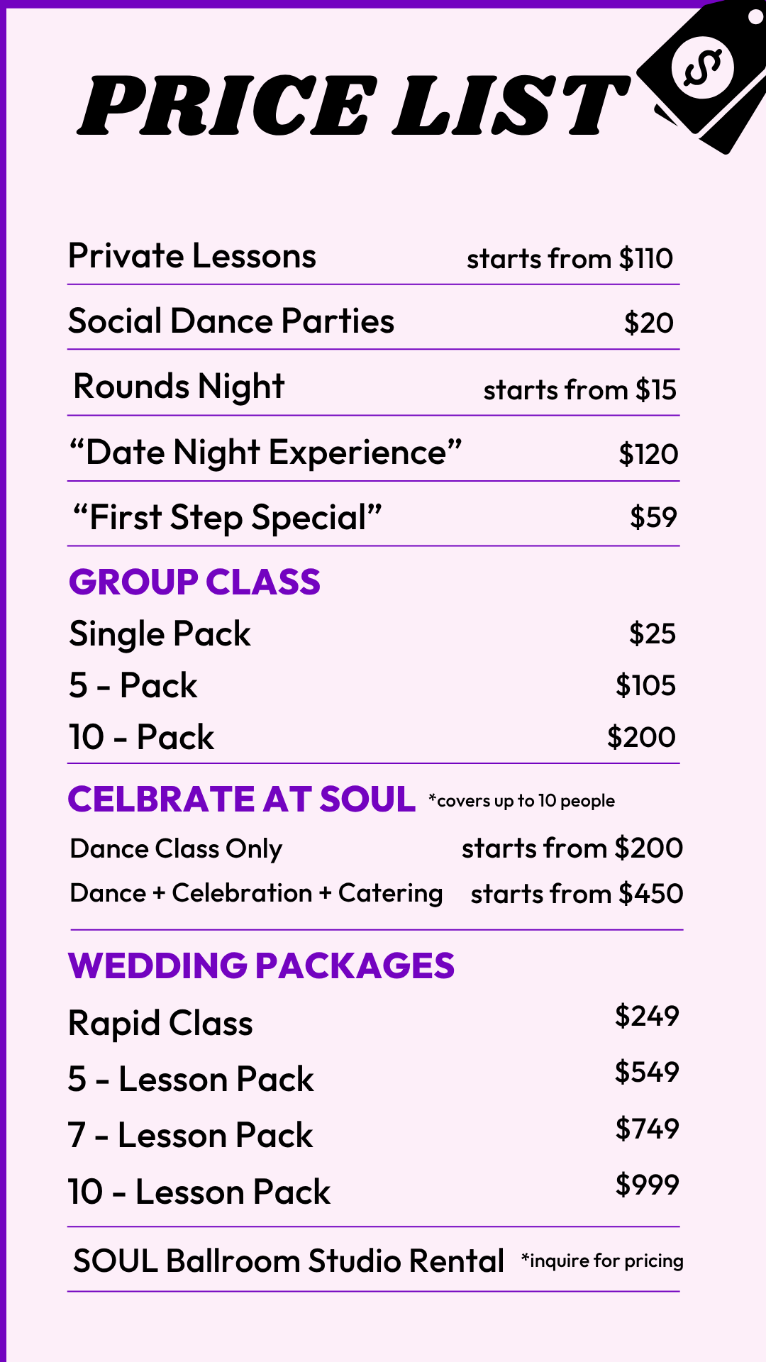 Price list for dance studio services on a pink background, including private lessons starting at $110, social dance parties at $20, rounds night starting at $15, date night experience at $120, first step special at $59, group classes with prices for single, 5-pack, and 10-pack options, and packages for celebration and wedding classes, with prices ranging from $200 to $999.