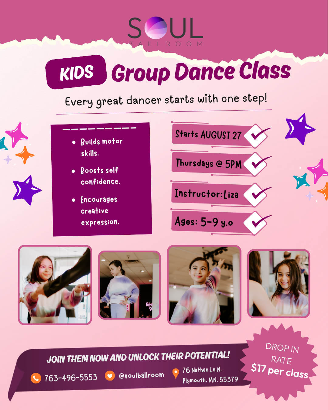 Flyer for kids' group dance class at Soul Ballroom with details including start date, instructor, age group, and photos of children dancing.