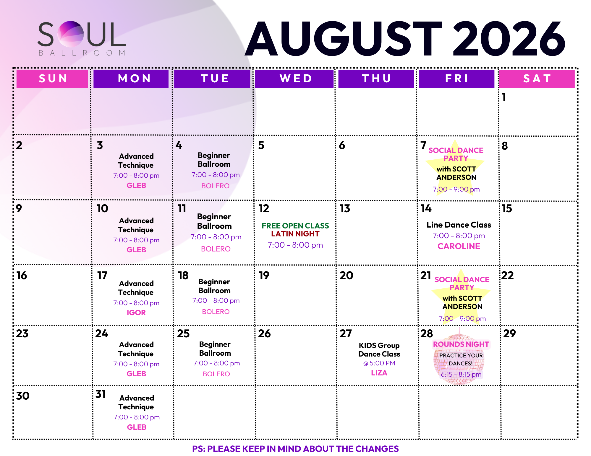 August 2026 dance class schedule for Soul Ballroom with classes on various days, times, and instructors, featuring social dance, line dance, kids group, and rounds night events.