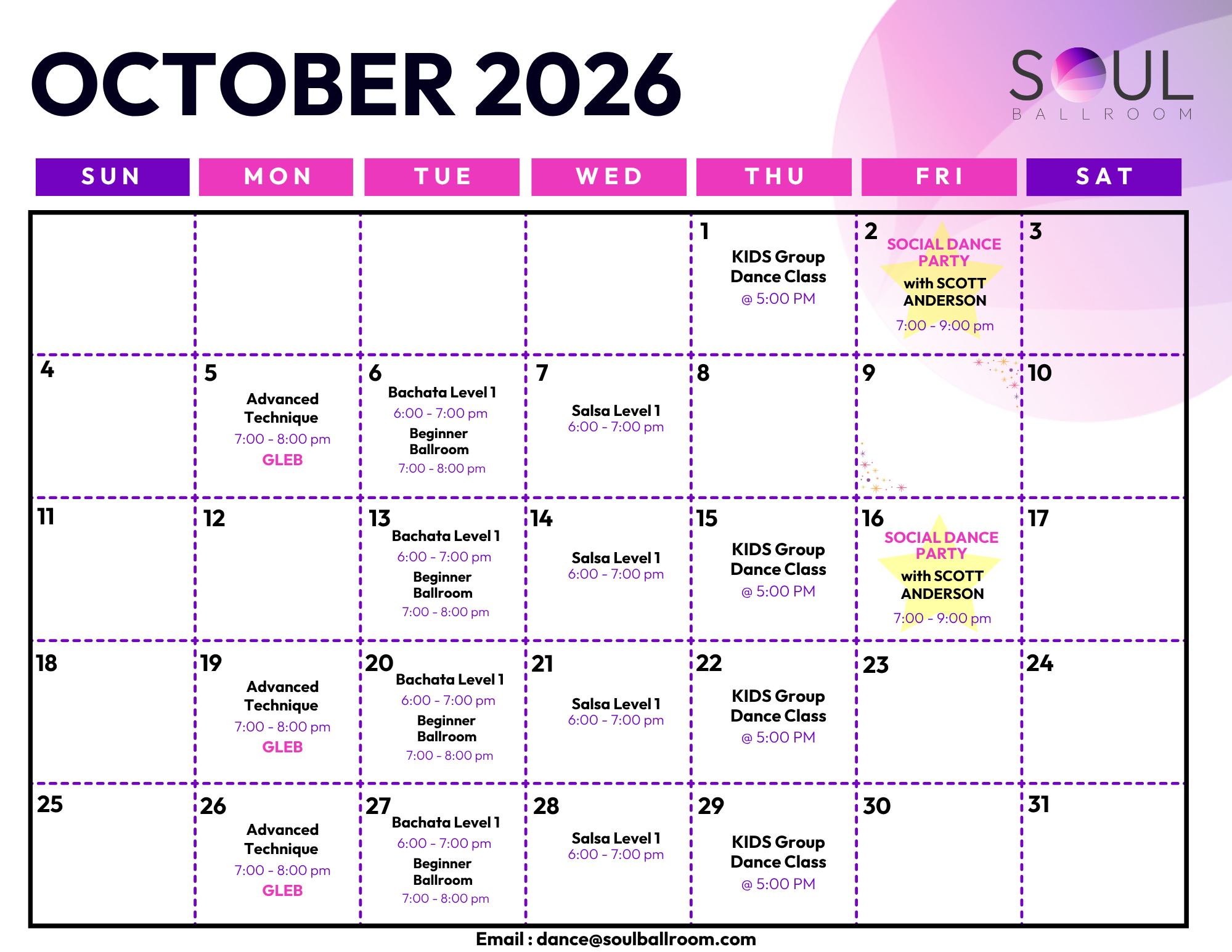 October 2026 dance event schedule for Soul Ballroom with dance classes and social dance parties on Fridays, using pink, purple, and black text and graphics on a white background with pink, purple, and gray design elements.