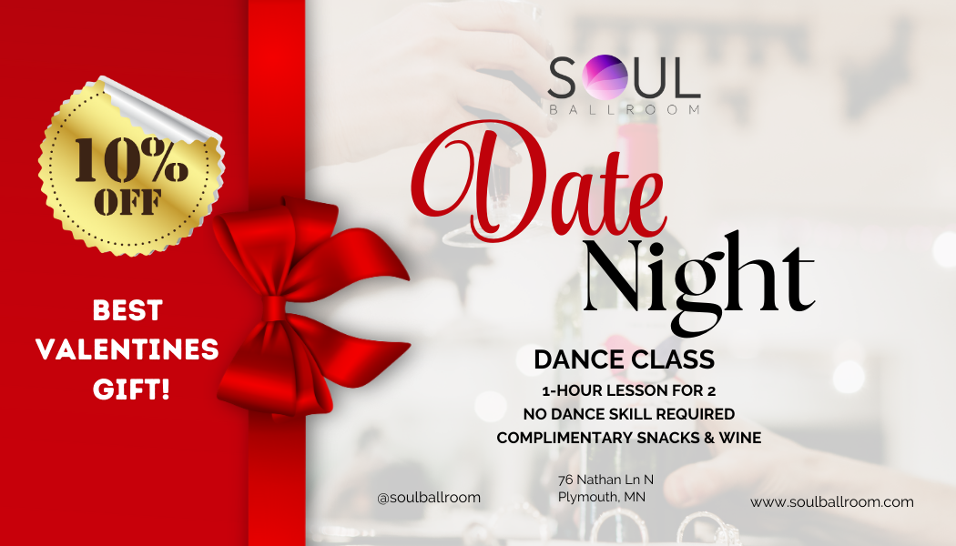 Valentine's Day promotion poster for Soul Ballroom's date night dance class, offering 10% off, with a red ribbon and bow, and details about the event in Plymouth, Minnesota.