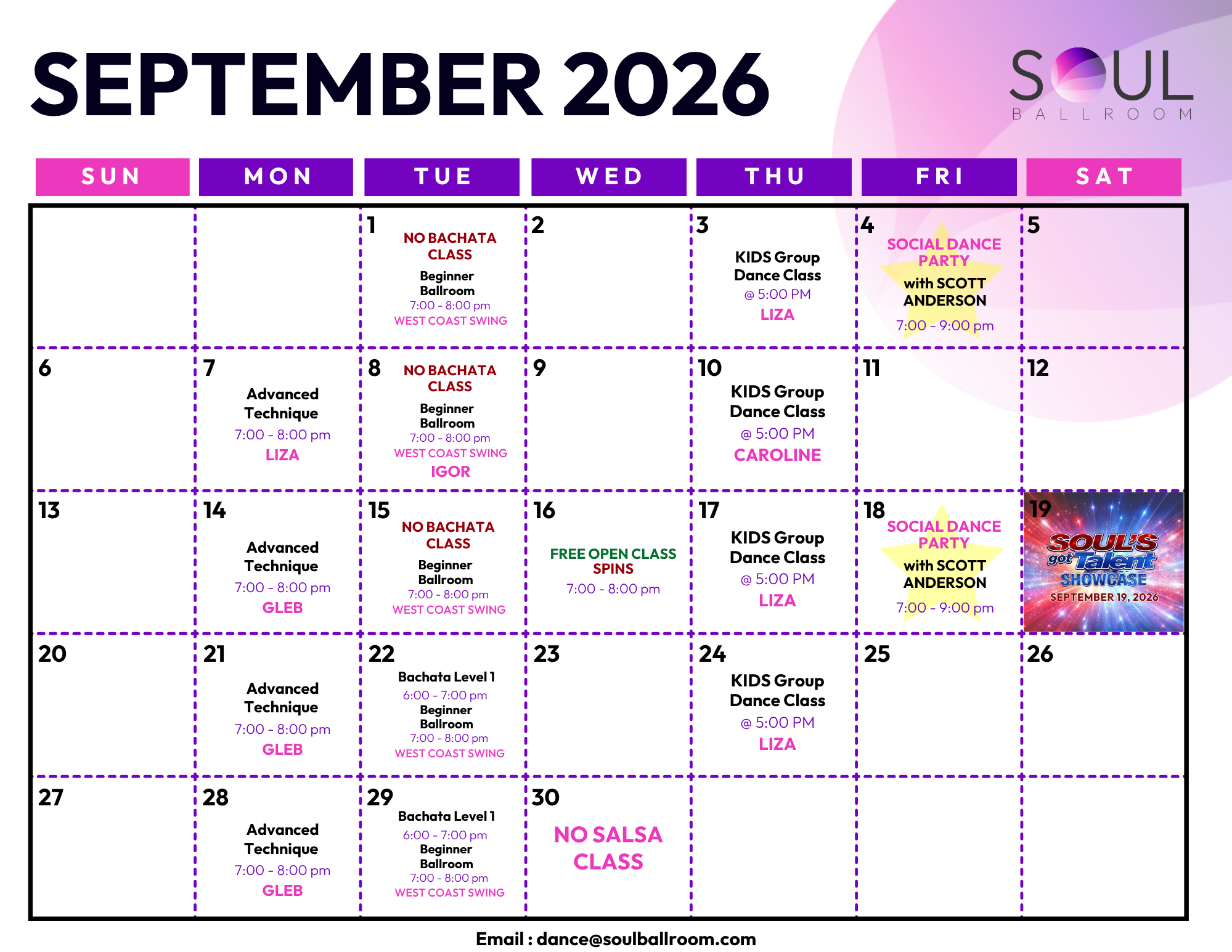 Monthly calendar for September 2026 at Soul Ballroom with scheduled dance classes and social events, including dates, times, and instructor names, on a purple and pink background.