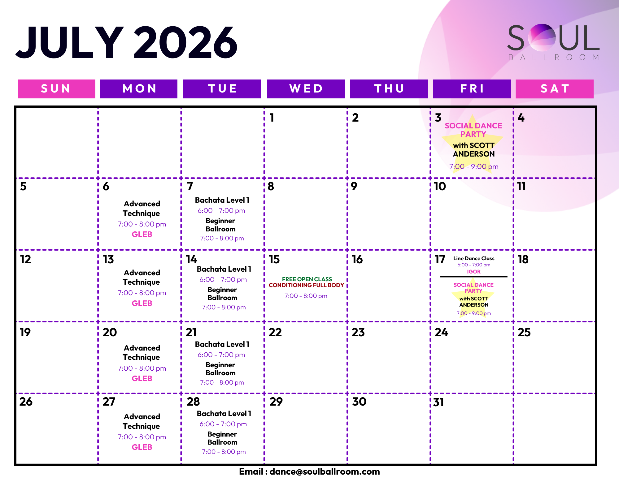 A colorful July 2026 dance and fitness class schedule calendar for the Soul Ballroom venue. It includes classes such as Advanced Technique, Bachata Level 1, Beginner Ballroom, and Social Dance Party, with dates and times listed for each event.