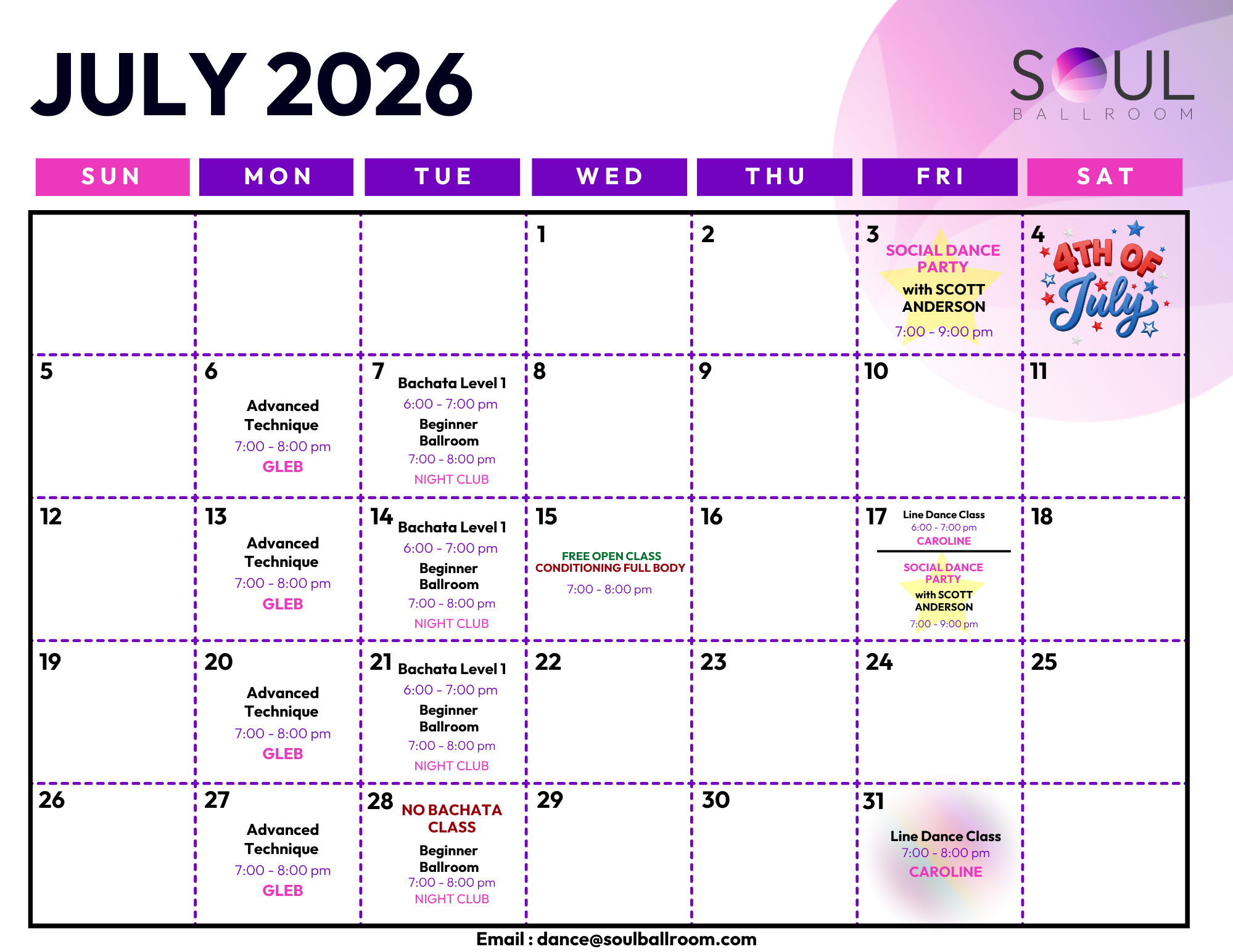 July 2026 dance class schedule at SOUL Ballroom with various dance events and classes, including Salsa, Bachata, Line Dance, and special parties, organized by days of the week.