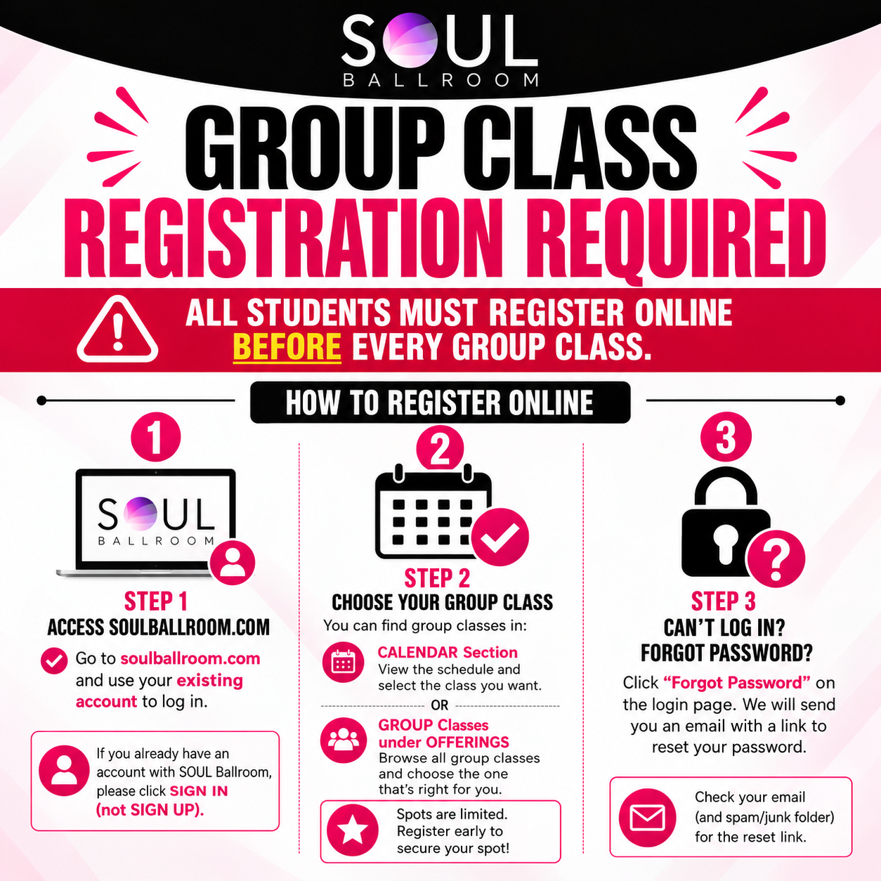 Information poster for Soul Ballroom group class registration, including steps to register online, with instructions for accessing the website, choosing a class, and troubleshooting login issues.