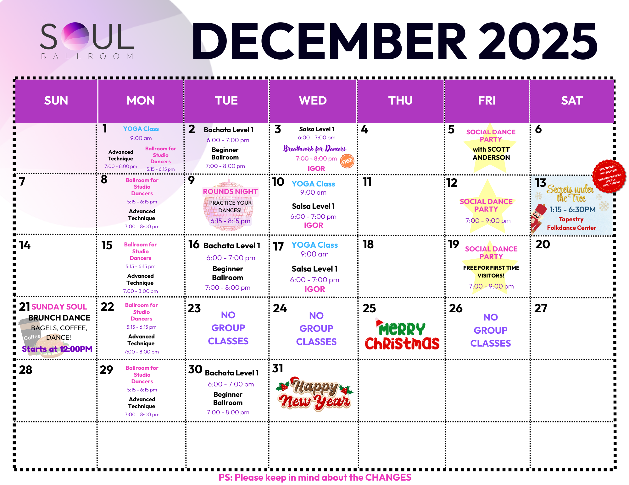 December 2025 schedule for Soul Ballroom featuring dance classes, parties, and events, with dates, times, and special notes such as holiday messages and closures.