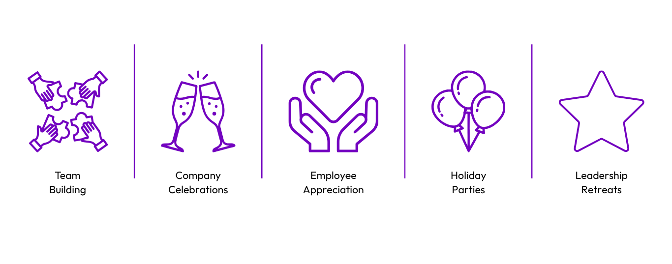 A graphic design with purple outline icons representing celebration and appreciation, including clinking glasses, raised champagne glasses, hands holding a heart, balloons, and a star.