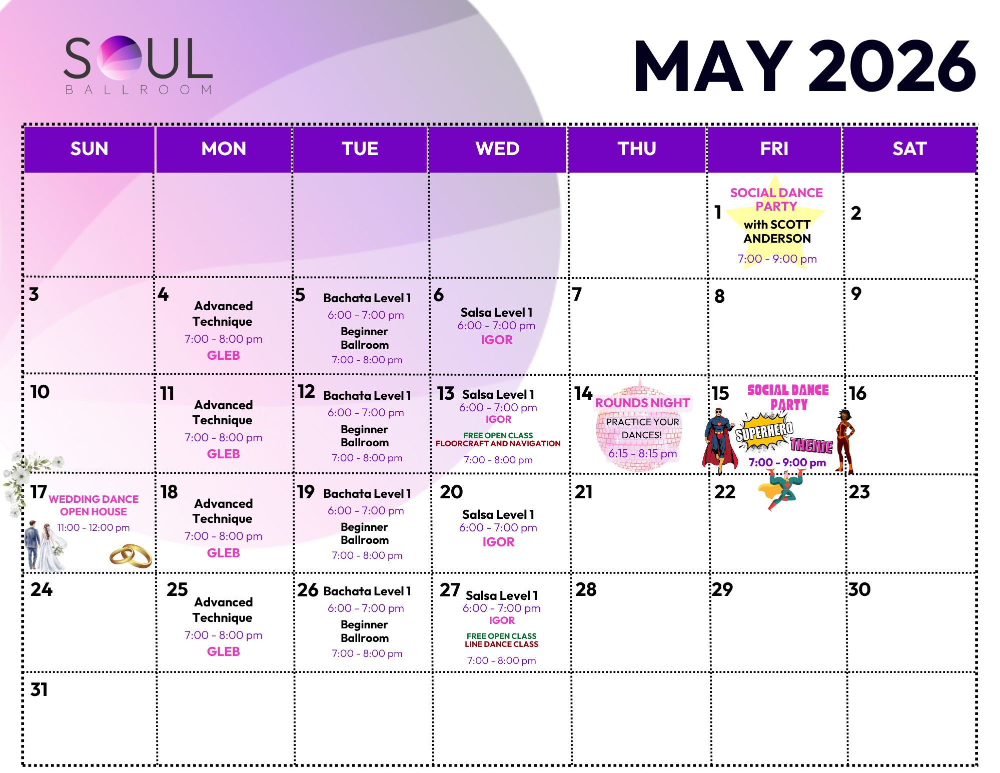 Calendar page for May 2026 from Soul Ballroom, showing dance classes and events with dates, times, and descriptions, including social dance parties and special nights.