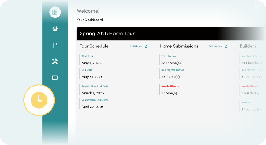 HomeTour mockup of CMS dashboard with a time icon