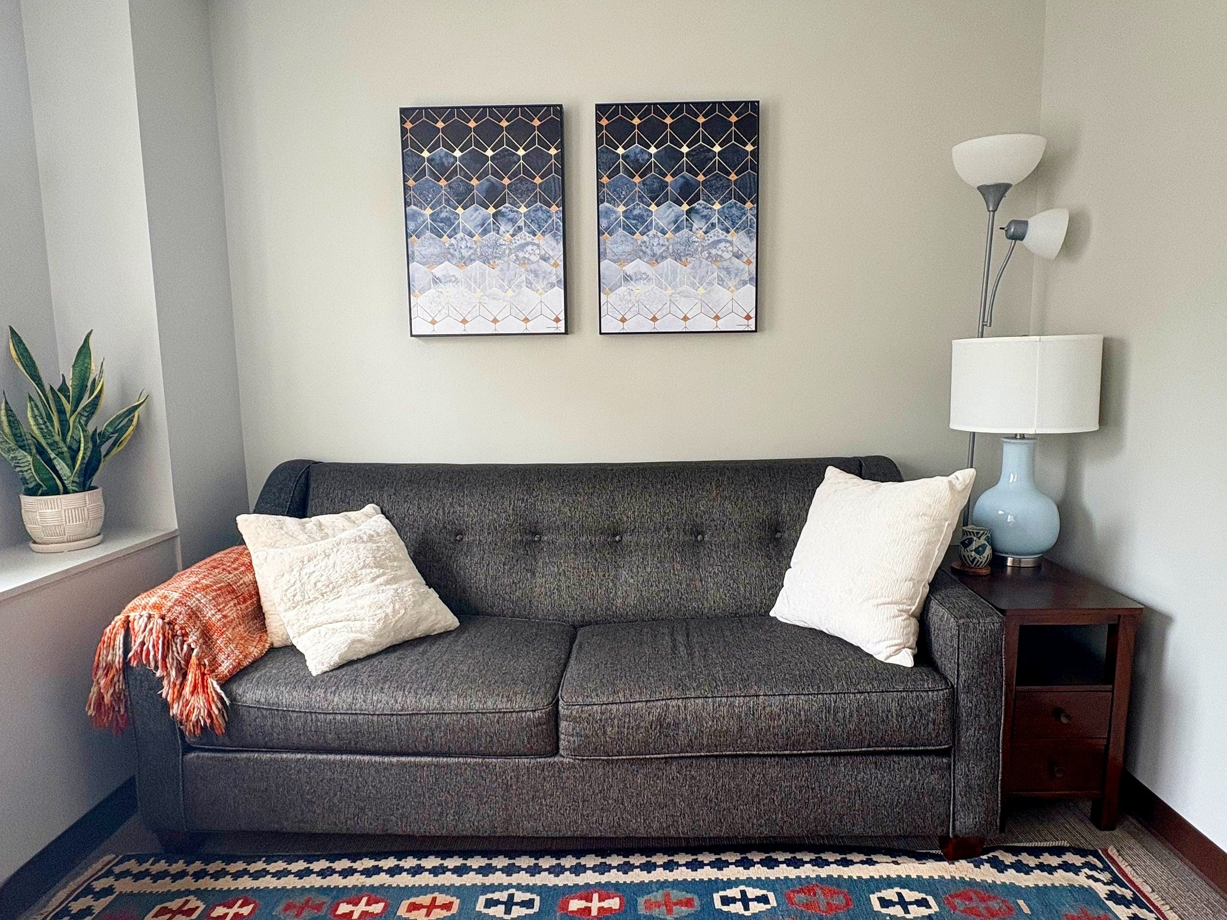 A living room with a dark gray sofa, two white pillows, and an orange throw blanket. Two abstract geometric paintings are on the wall above the sofa. A blue lamp is on a wooden side table to the right of the sofa, and a potted plant sits on a ledge to the left. A floor lamp with two white shades is next to the side table. The floor has a patterned rug.