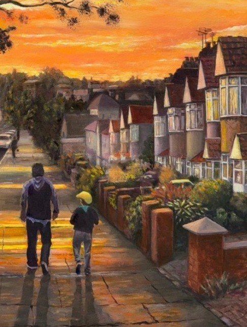 Part of an oil painting by Bassam Andari titled Strolling into the sunset.jpg