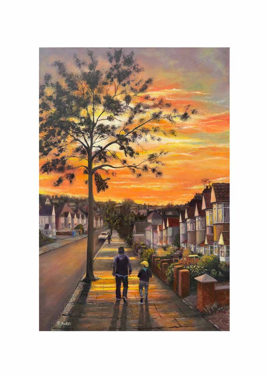 Stunning original oil painting by Bassam Andari showing father and son walking down a residential street in Harrow- London-during sunset