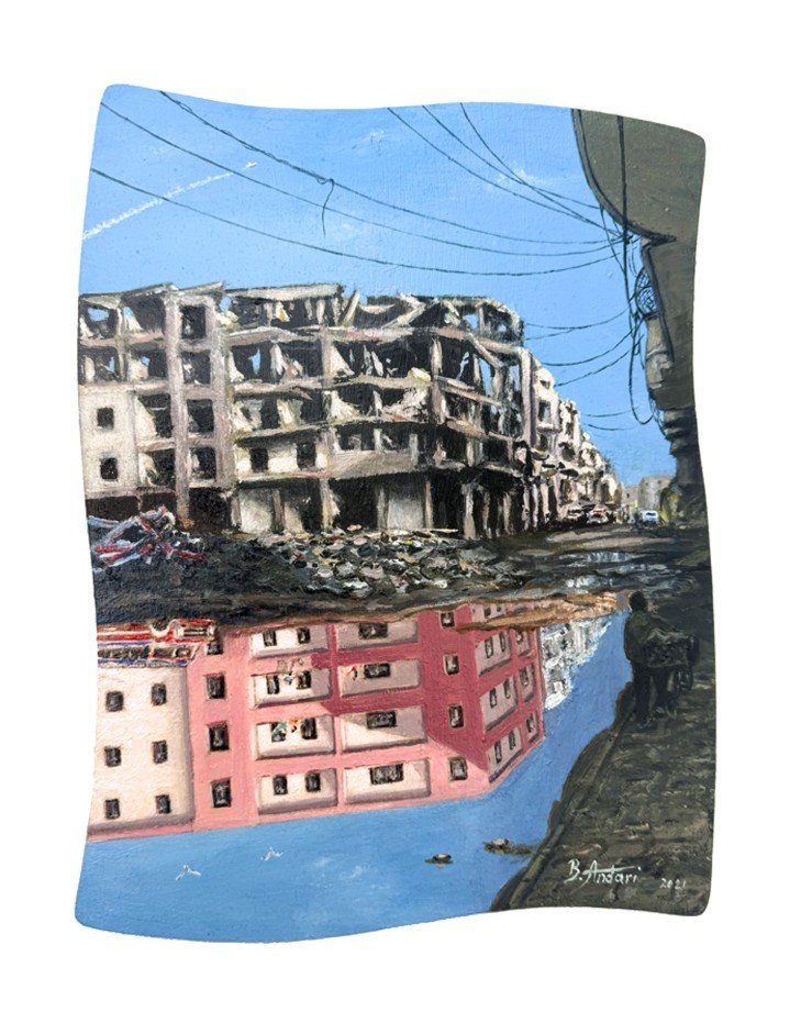 Giclée print of a powerful anti-war painting by Lebanese British artist Bassam Andari showing destroyed buildings and their pre-war reflection
