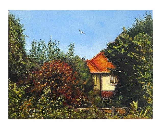 Oil painting of a view from the artist's garden by bassam Andari