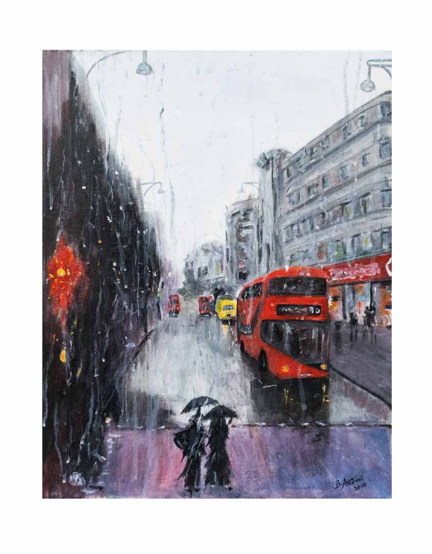 limited edition giclée print of a London street in the rain with a double decker bus at the centre of the painting by Bassam Andari